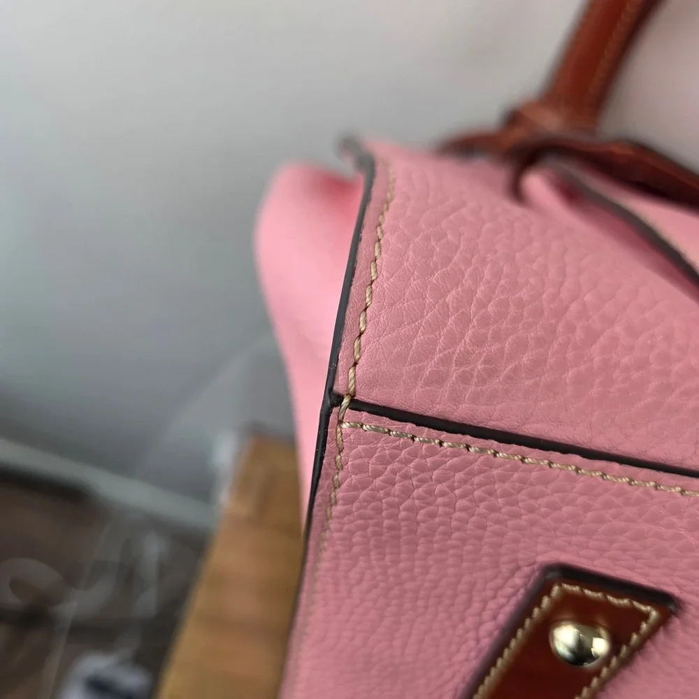 Dooney & Bourke Pink Pebbled Leather Shoulder Bag Brown Trim Tassel Logo Purse